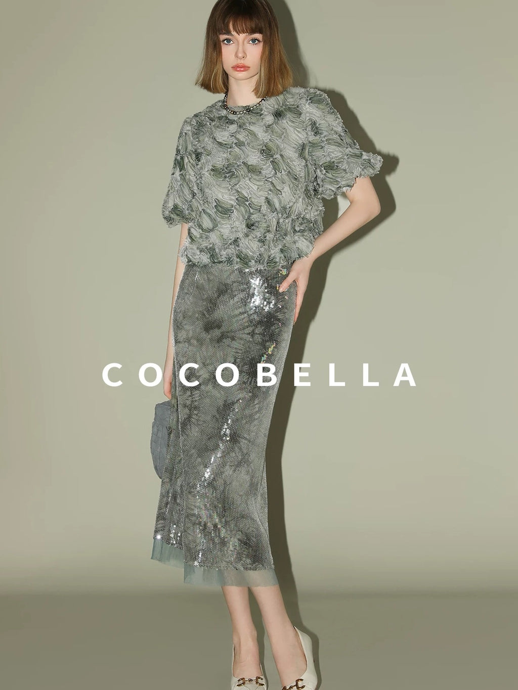 COCOBELLA Luxe Shimmer Mesh Floral Sequin Mid Rise Straight Midi Women Rayon Skirts