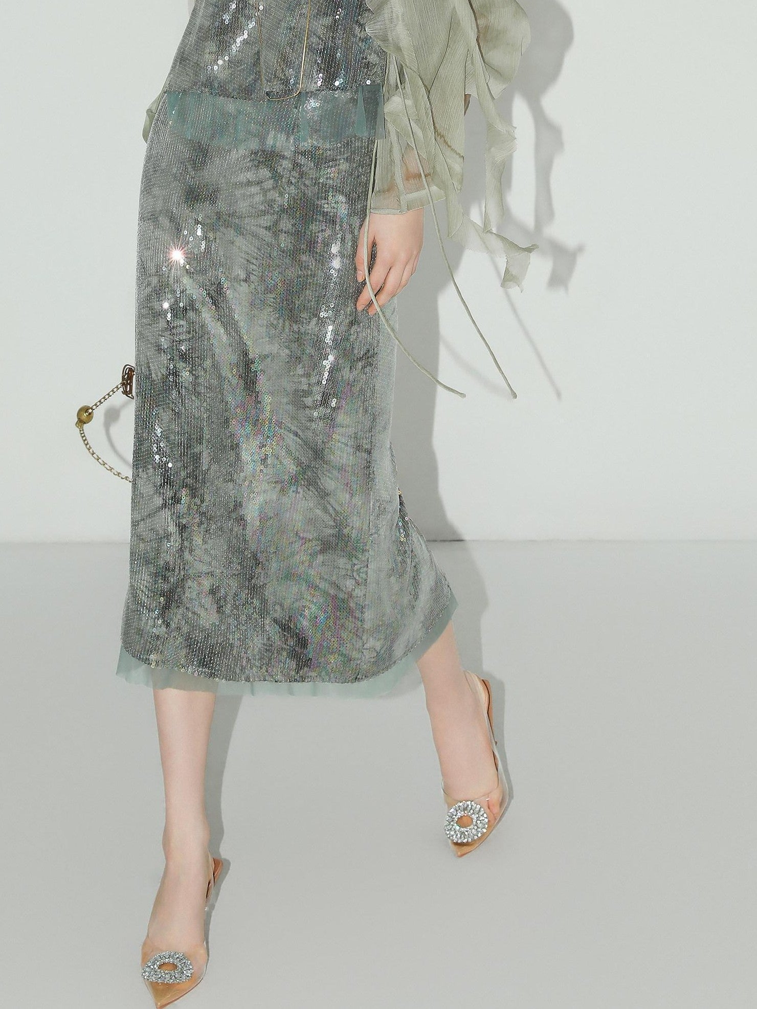 COCOBELLA Luxe Shimmer Mesh Floral Sequin Mid Rise Straight Midi Women Rayon Skirts