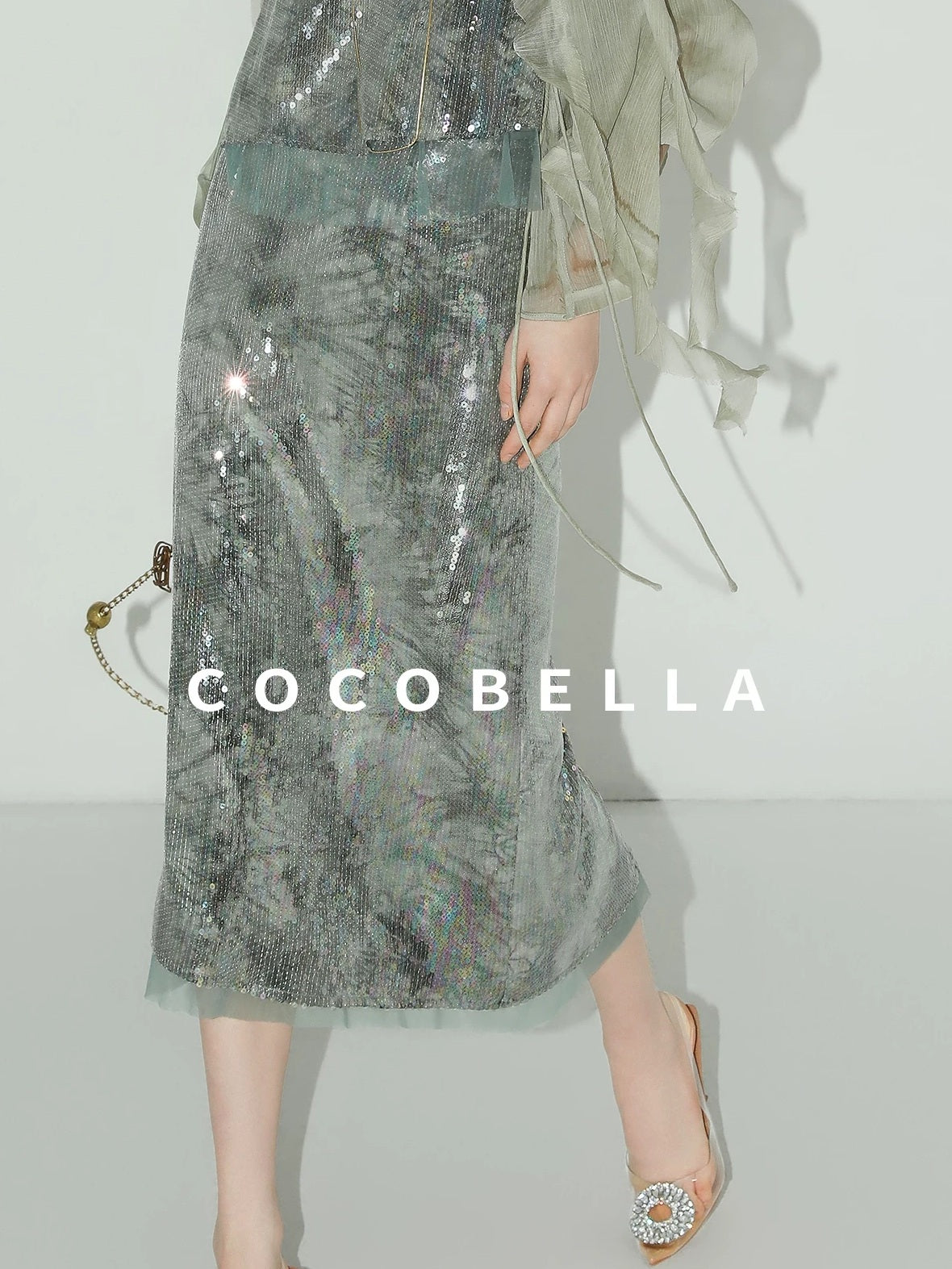 COCOBELLA Luxe Shimmer Mesh Floral Sequin Mid Rise Straight Midi Women Rayon Skirts