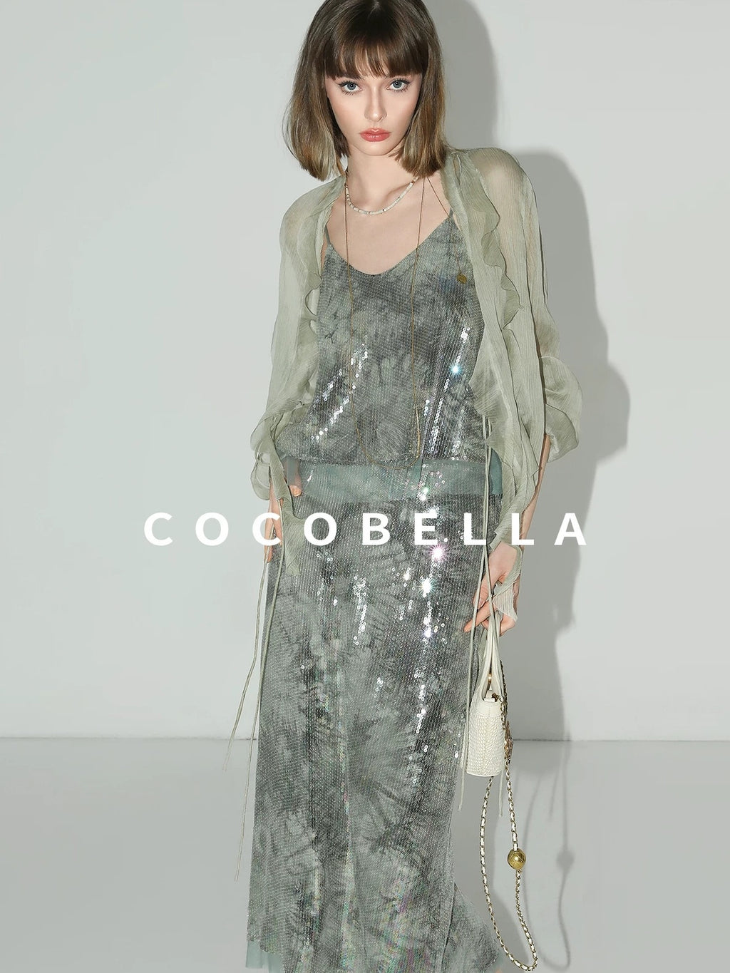 COCOBELLA Luxe Shimmer Mesh Floral Sequin Mid Rise Straight Midi Women Rayon Skirts