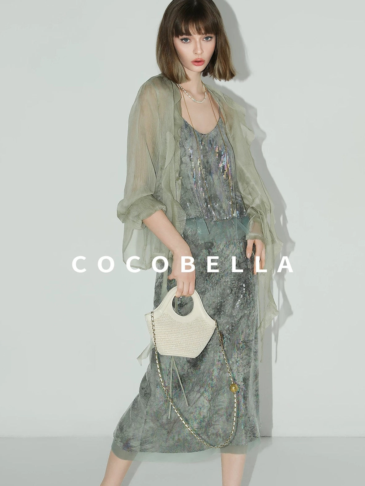 COCOBELLA Luxe Shimmer Mesh Floral Sequin Mid Rise Straight Midi Women Rayon Skirts