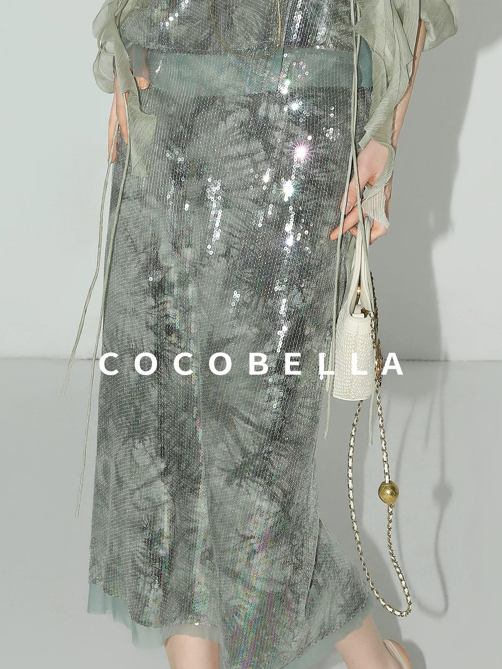 COCOBELLA Luxe Shimmer Mesh Floral Sequin Mid Rise Straight Midi Women Rayon Skirts