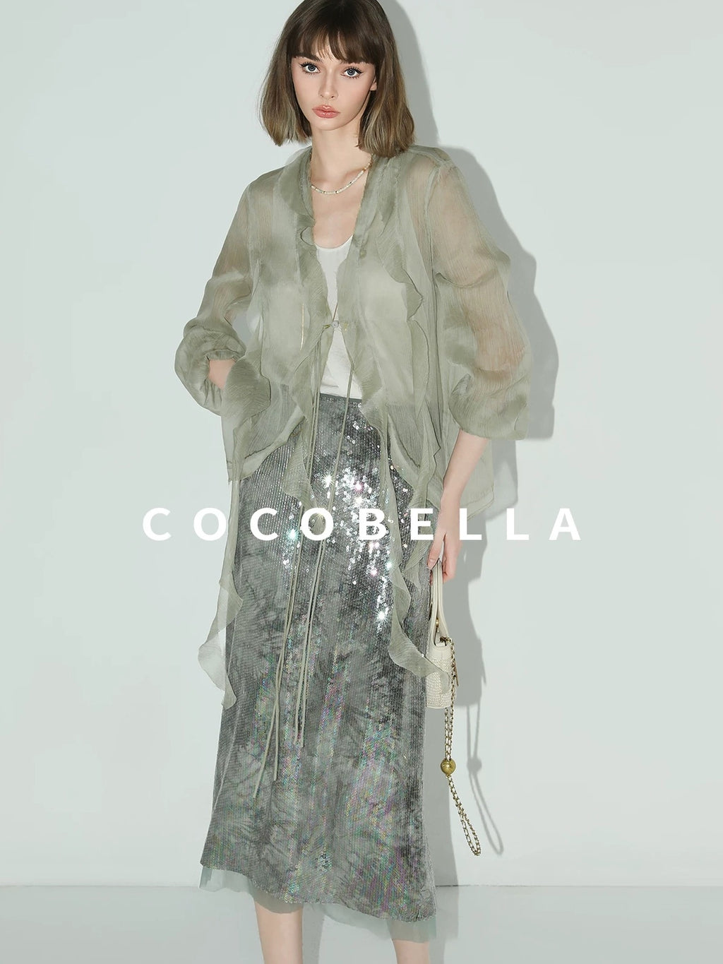 COCOBELLA Luxe Shimmer Mesh Floral Sequin Mid Rise Straight Midi Women Rayon Skirts