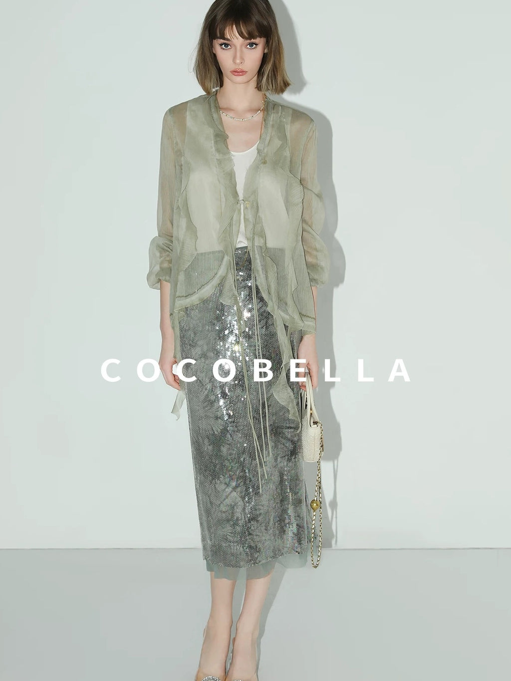 COCOBELLA Luxe Shimmer Mesh Floral Sequin Mid Rise Straight Midi Women Rayon Skirts