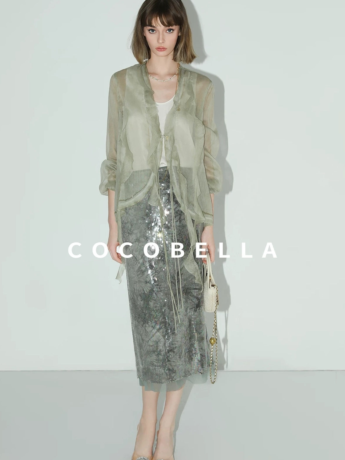 COCOBELLA Luxe Shimmer Mesh Floral Sequin Mid Rise Straight Midi Women Rayon Skirts