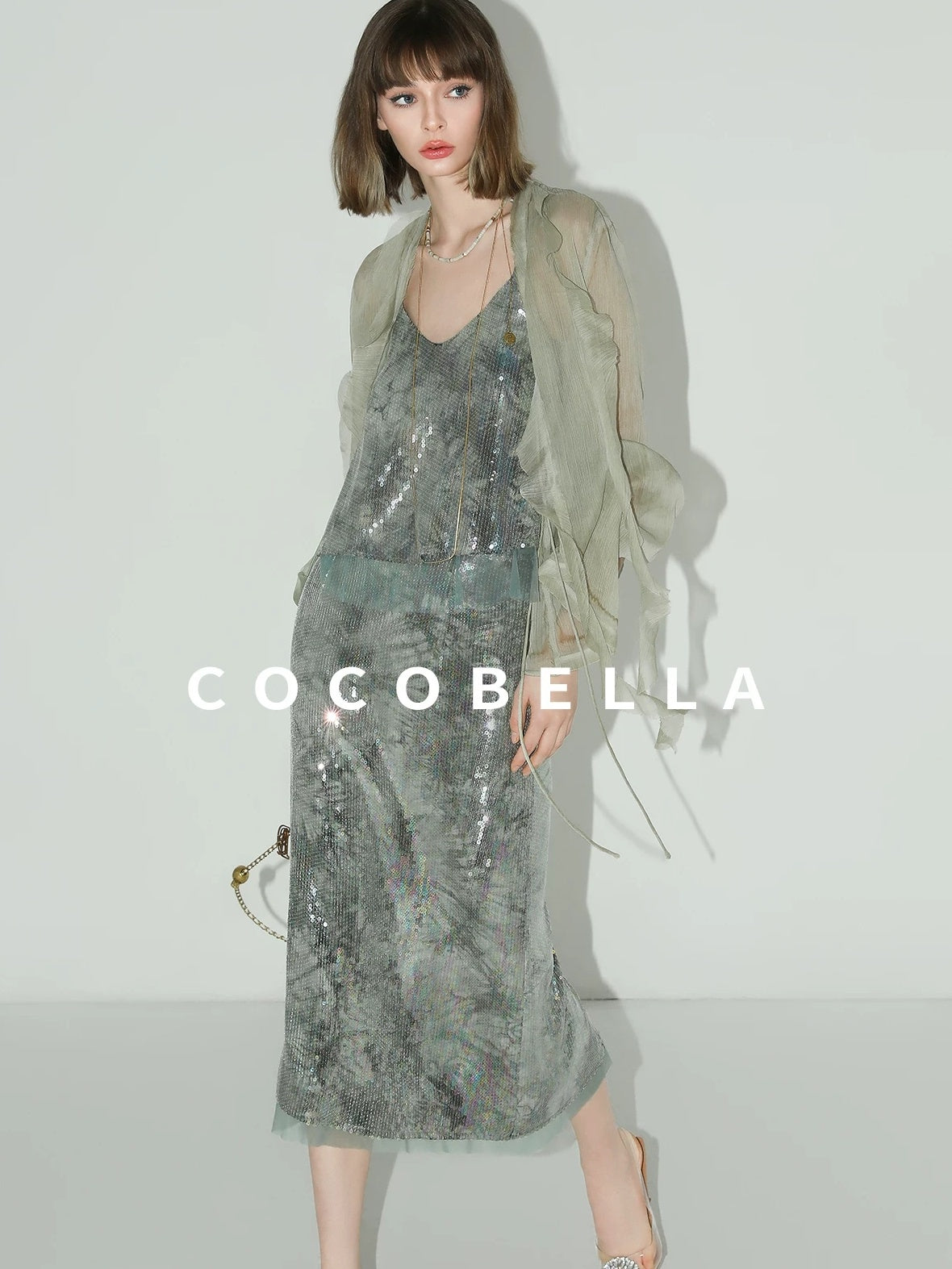 COCOBELLA Luxe Shimmer Mesh Floral Sequin Mid Rise Straight Midi Women Rayon Skirts