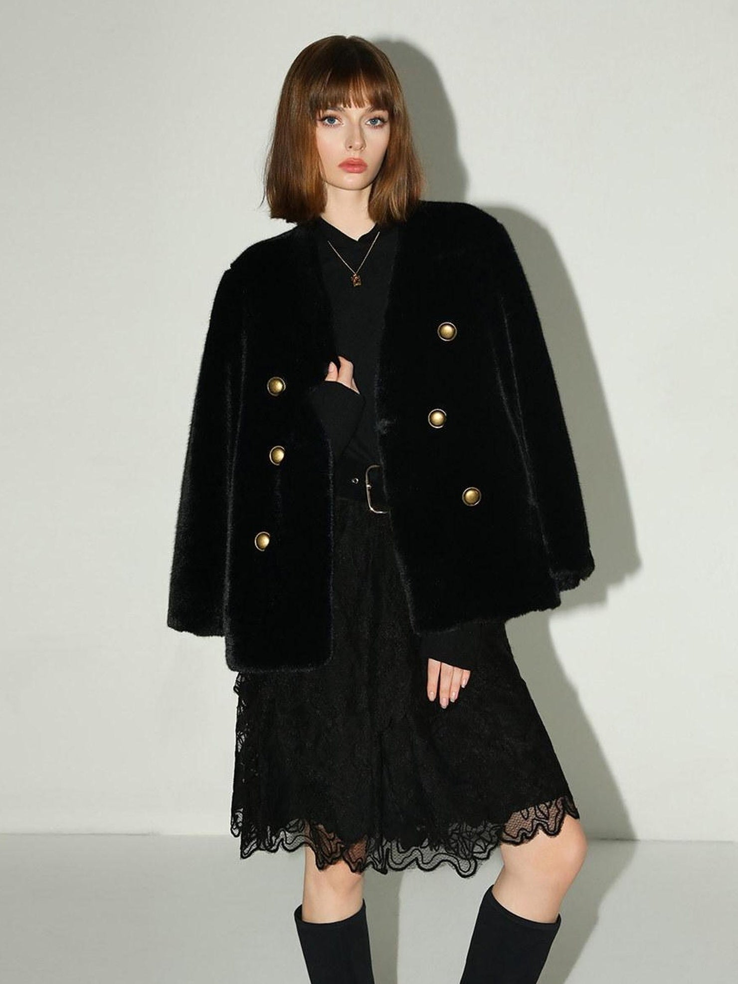 COCOBELLA Luxurious Faux Fur Double Breasted V Neck Classic Women Workwear Coats