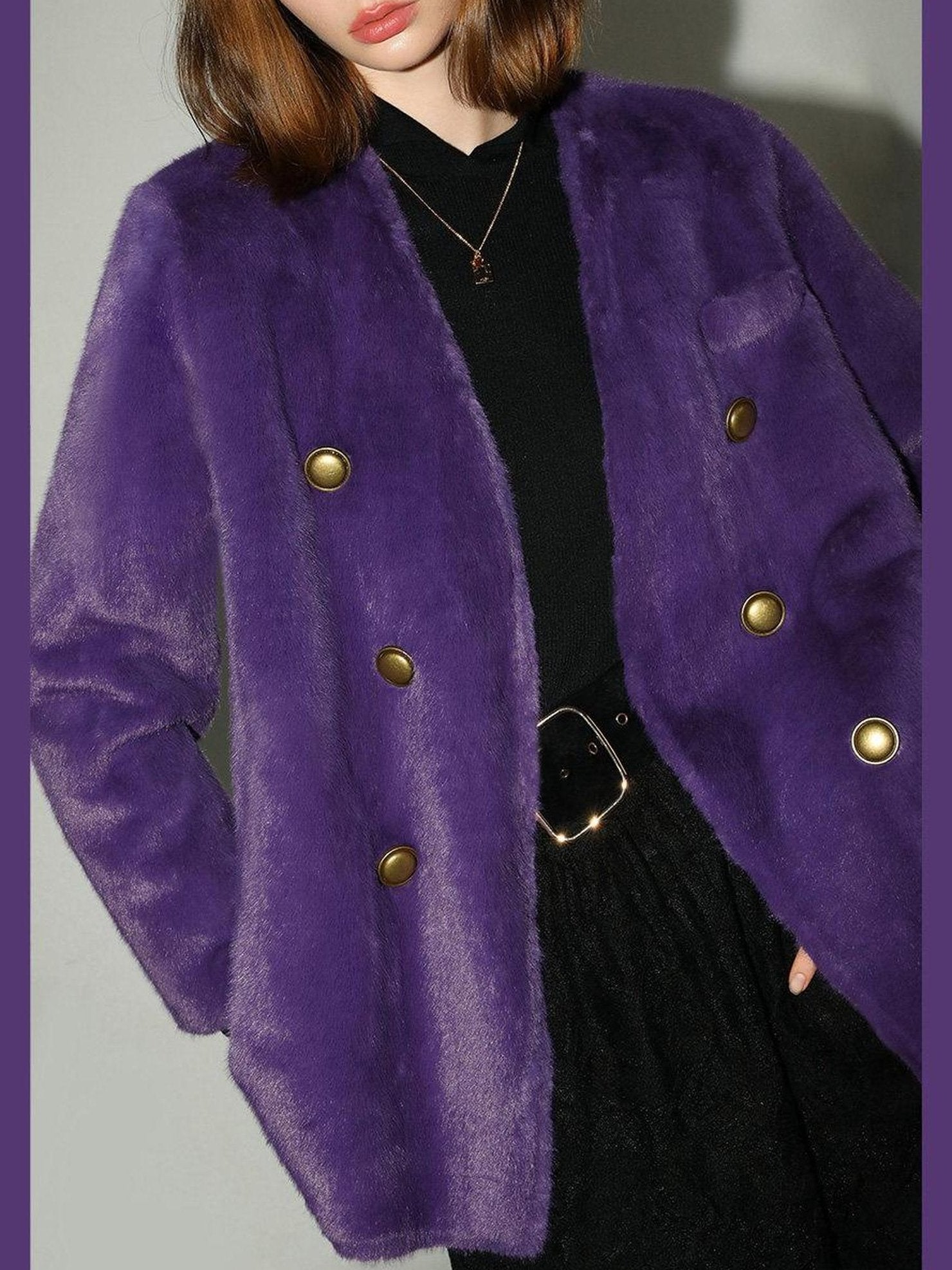 COCOBELLA Luxurious Faux Fur Double Breasted V Neck Classic Women Workwear Coats