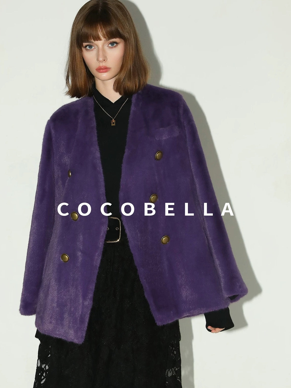 COCOBELLA Luxurious Faux Fur Double Breasted V Neck Classic Women Workwear Coats