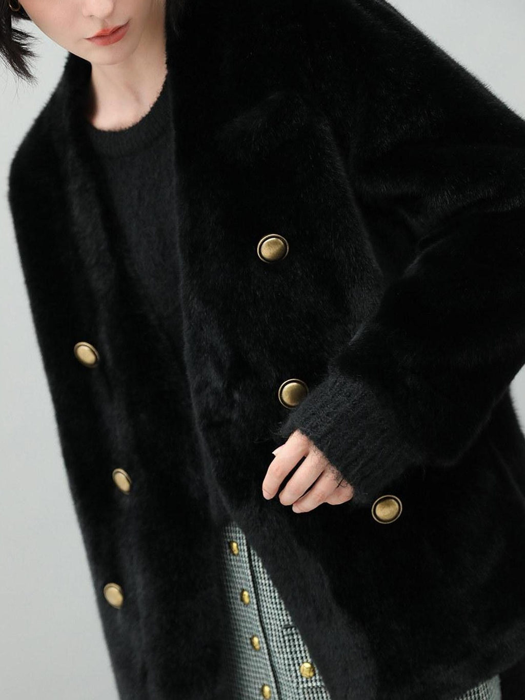 COCOBELLA Luxurious Faux Fur Double Breasted V Neck Standard Fit Ladies Commuter Jackets