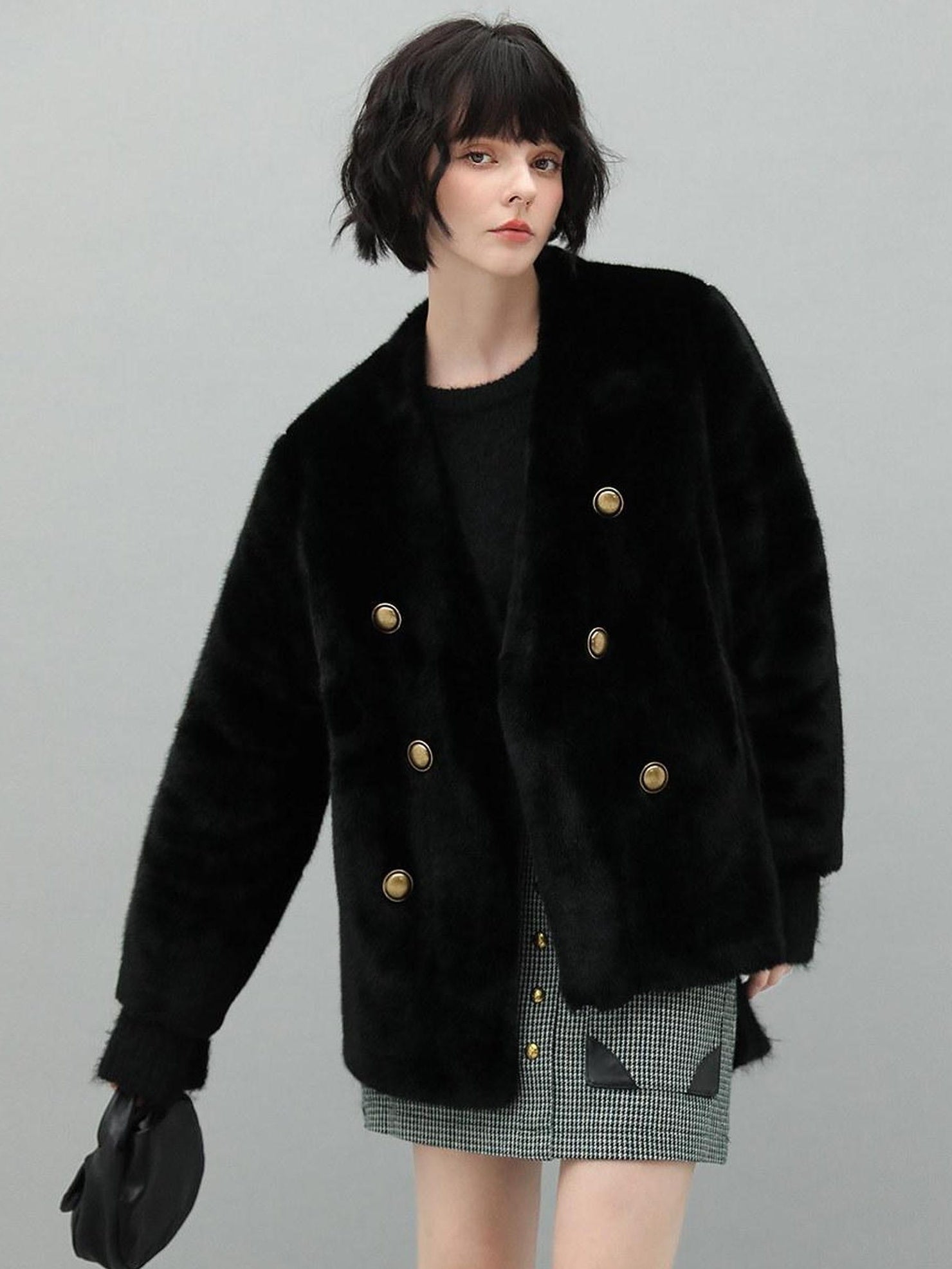 COCOBELLA Luxurious Faux Fur Double Breasted V Neck Standard Fit Ladies Commuter Jackets