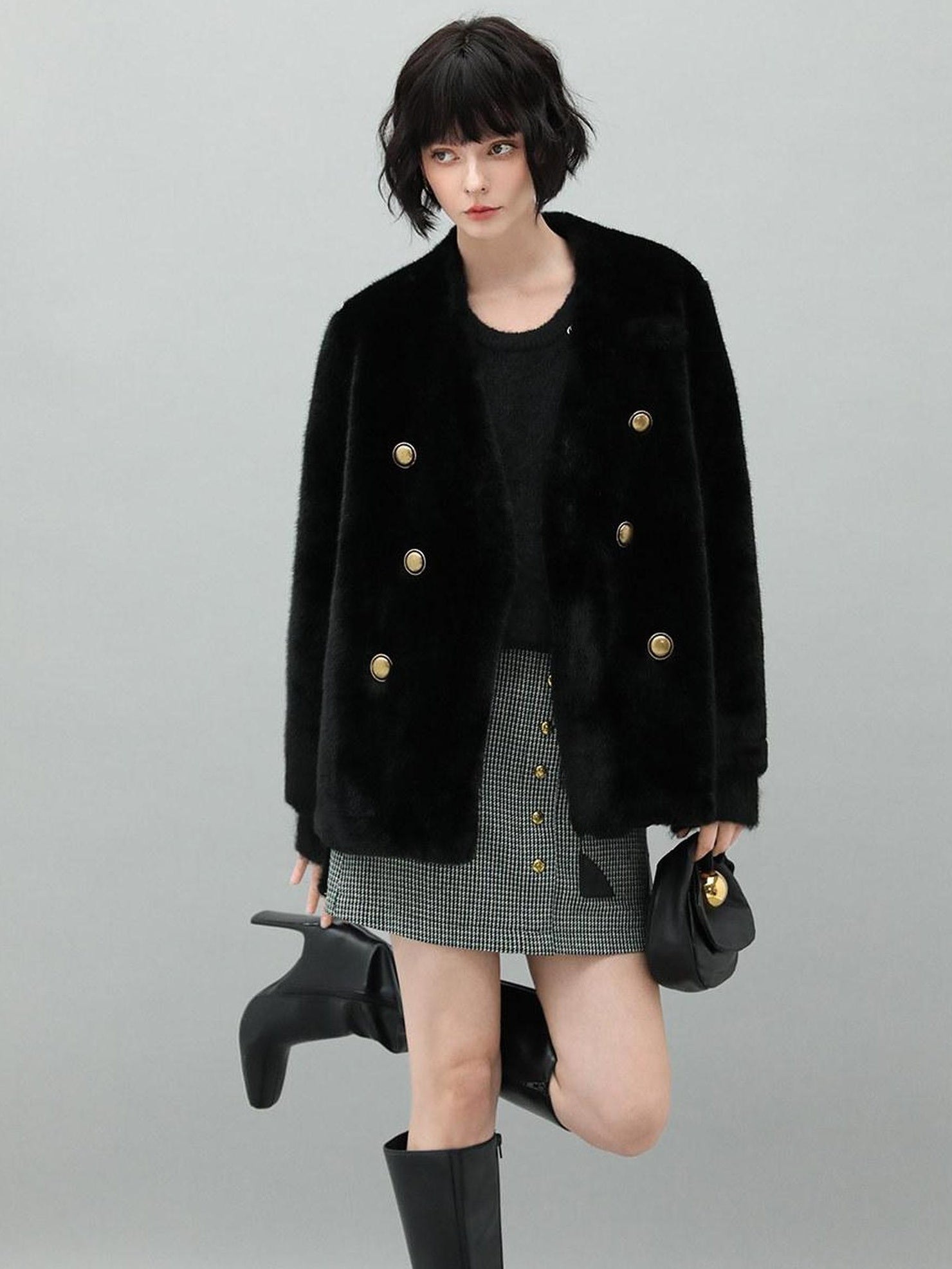 COCOBELLA Luxurious Faux Fur Double Breasted V Neck Standard Fit Ladies Commuter Jackets