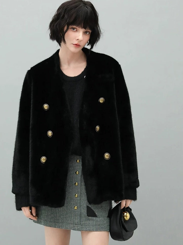 COCOBELLA Luxurious Faux Fur Double Breasted V Neck Standard Fit Ladies Commuter Jackets