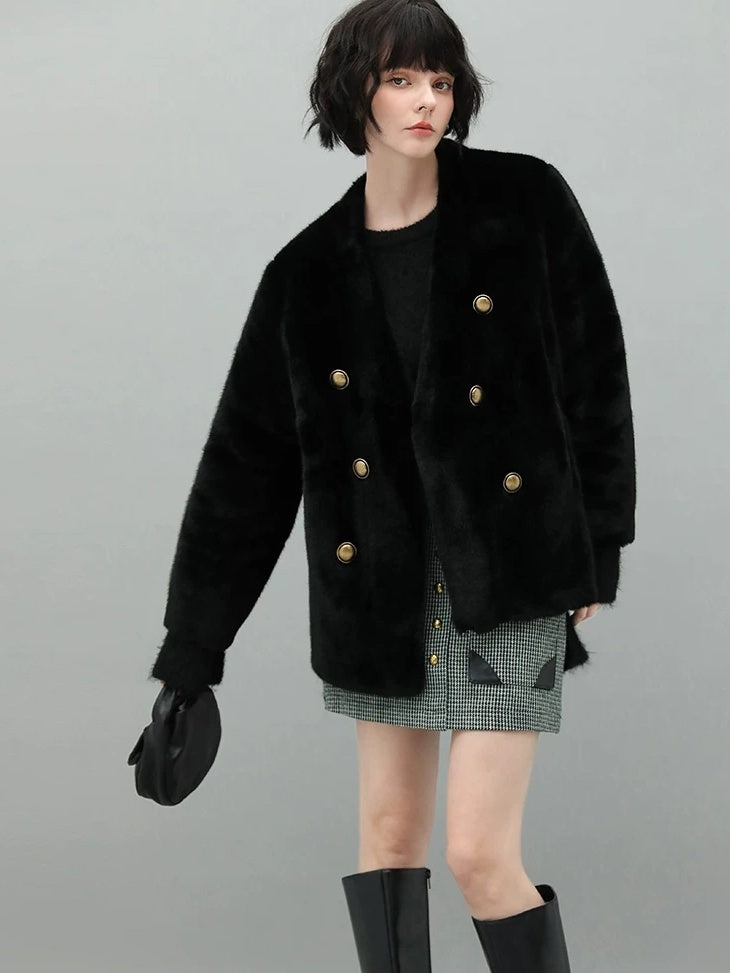 COCOBELLA Luxurious Faux Fur Double Breasted V Neck Standard Fit Ladies Commuter Jackets