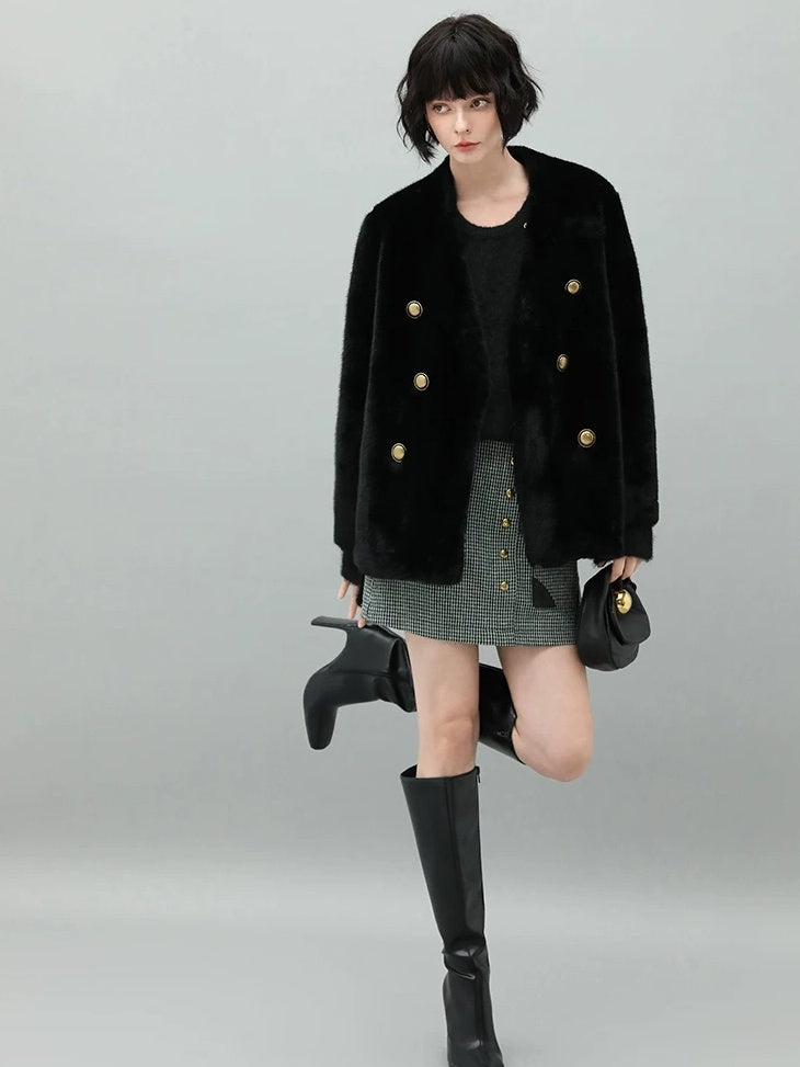 COCOBELLA Luxurious Faux Fur Double Breasted V Neck Standard Fit Ladies Commuter Jackets