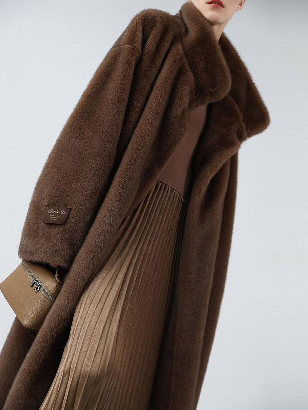 COCOBELLA Luxurious Faux Fur Longline Stand Collar Straight Women Vintage Coffee Coats