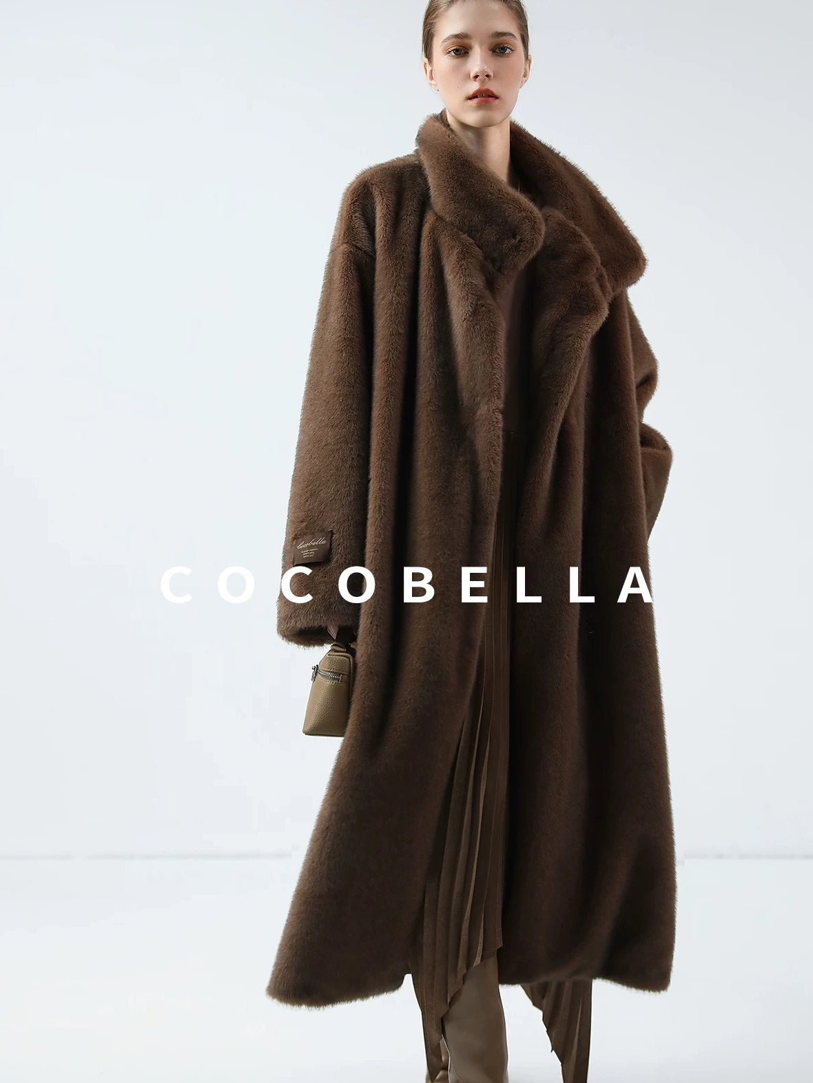 COCOBELLA Luxurious Faux Fur Longline Stand Collar Straight Women Vintage Coffee Coats
