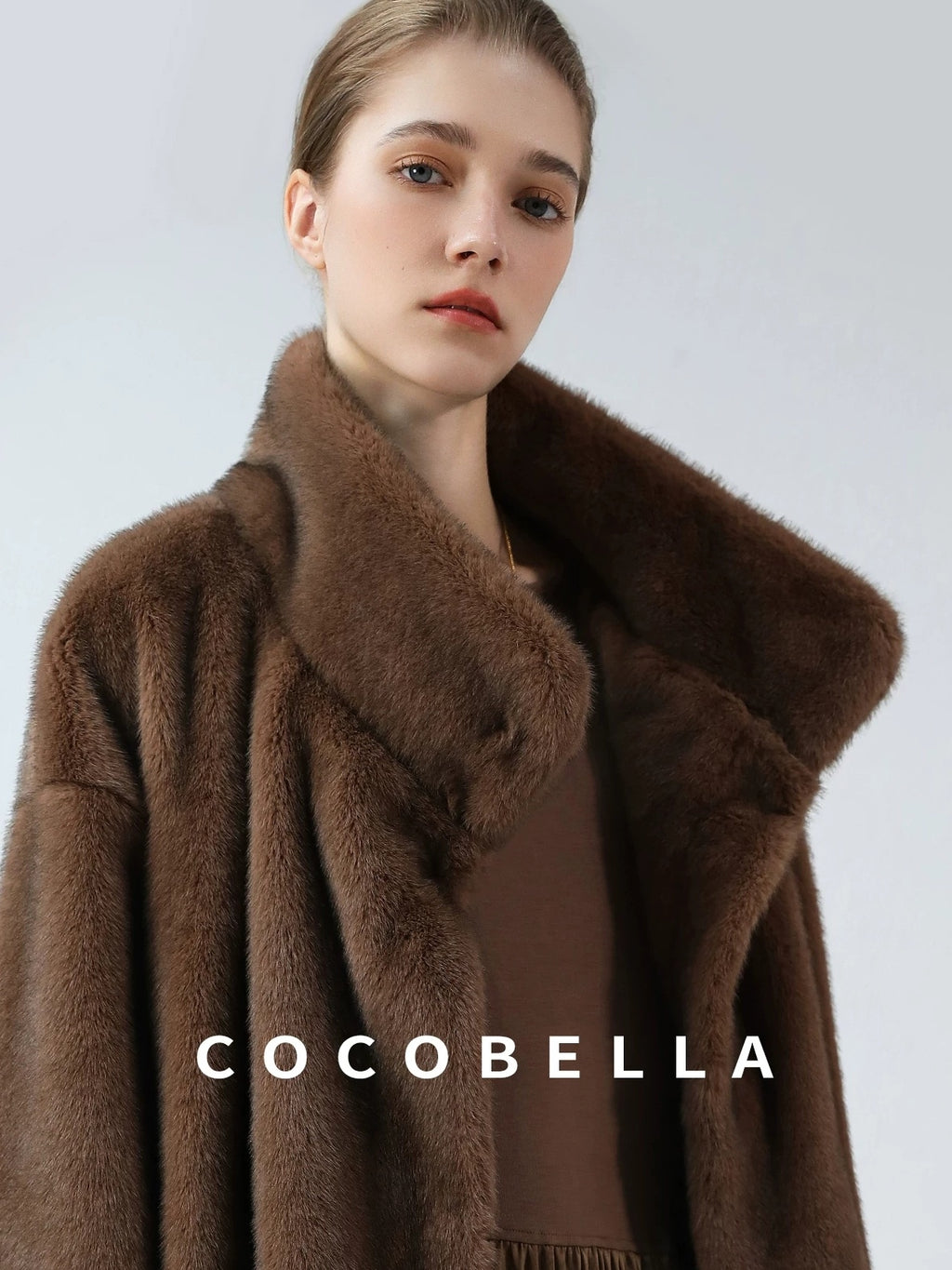 COCOBELLA Luxurious Faux Fur Longline Stand Collar Straight Women Vintage Coffee Coats