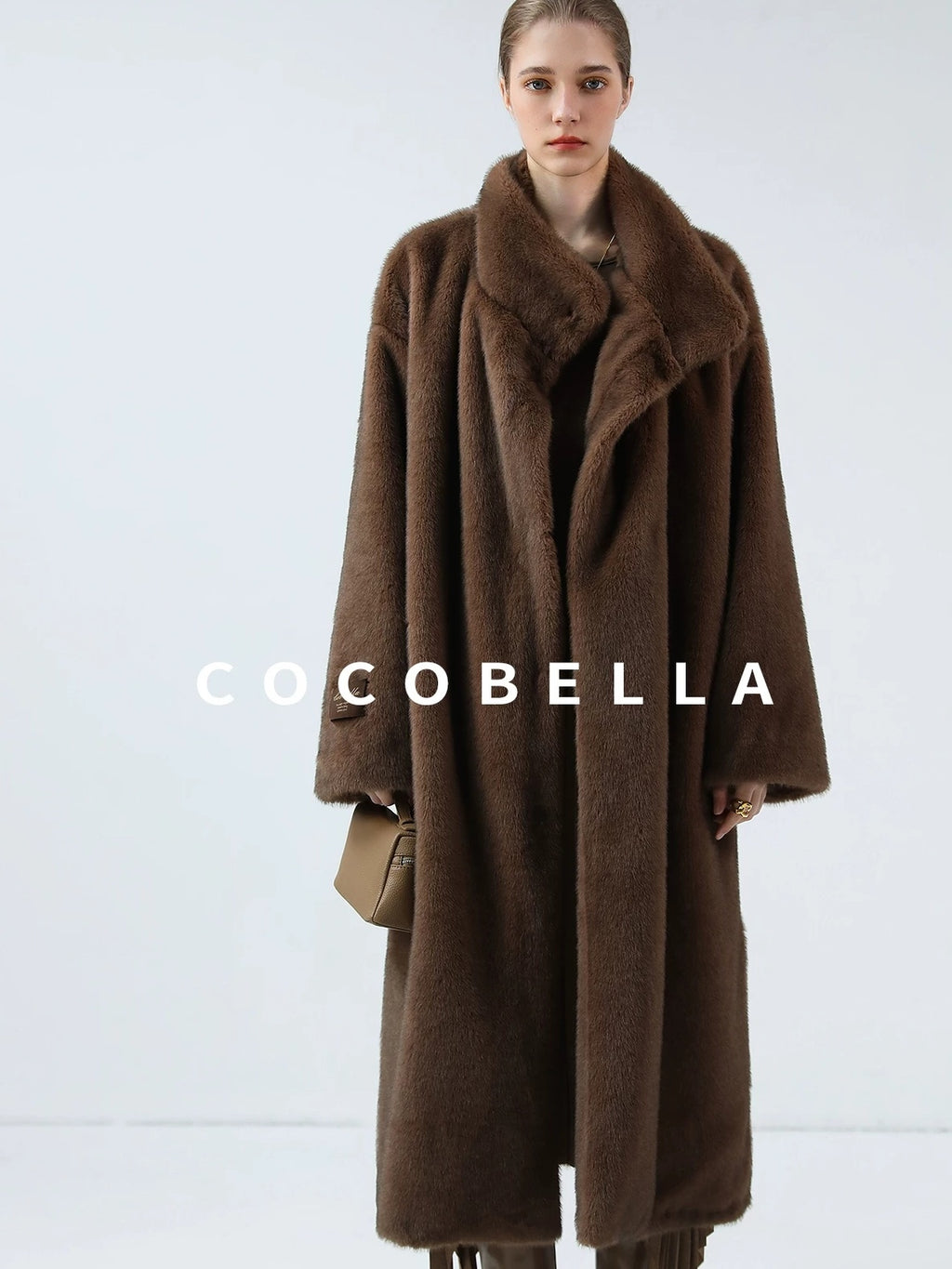 COCOBELLA Luxurious Faux Fur Longline Stand Collar Straight Women Vintage Coffee Coats