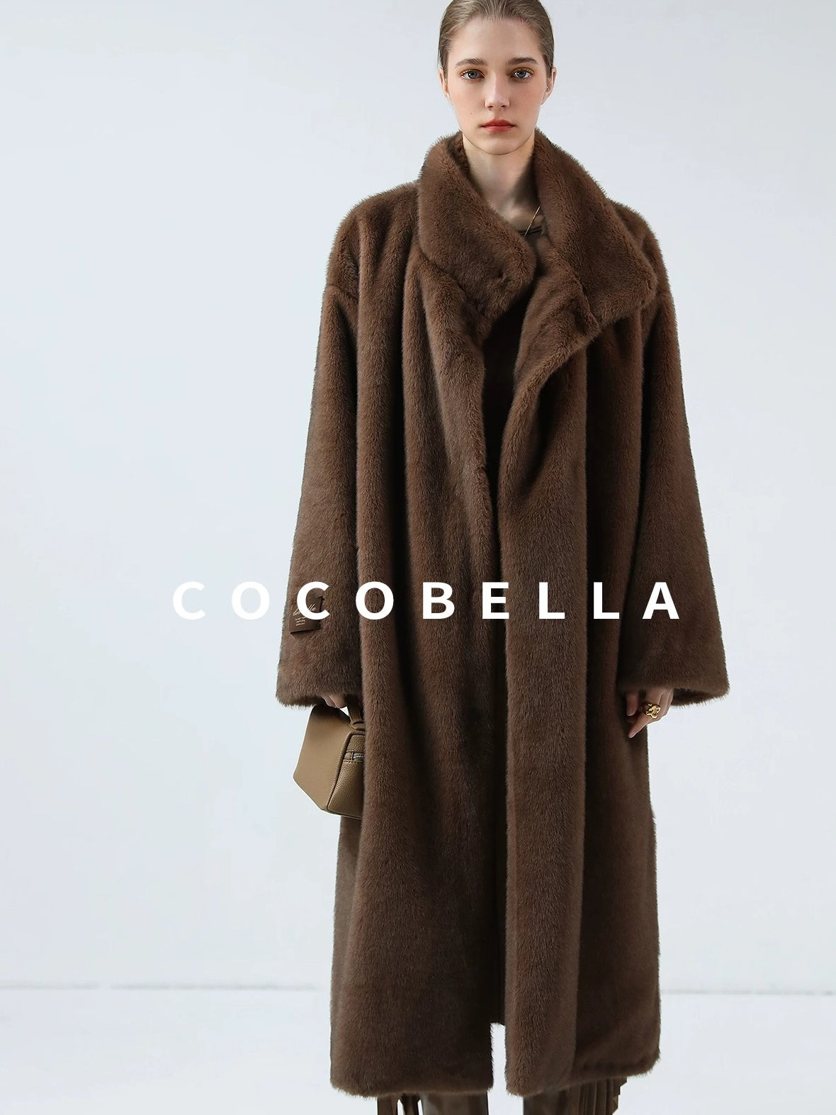 COCOBELLA Luxurious Faux Fur Longline Stand Collar Straight Women Vintage Coffee Coats