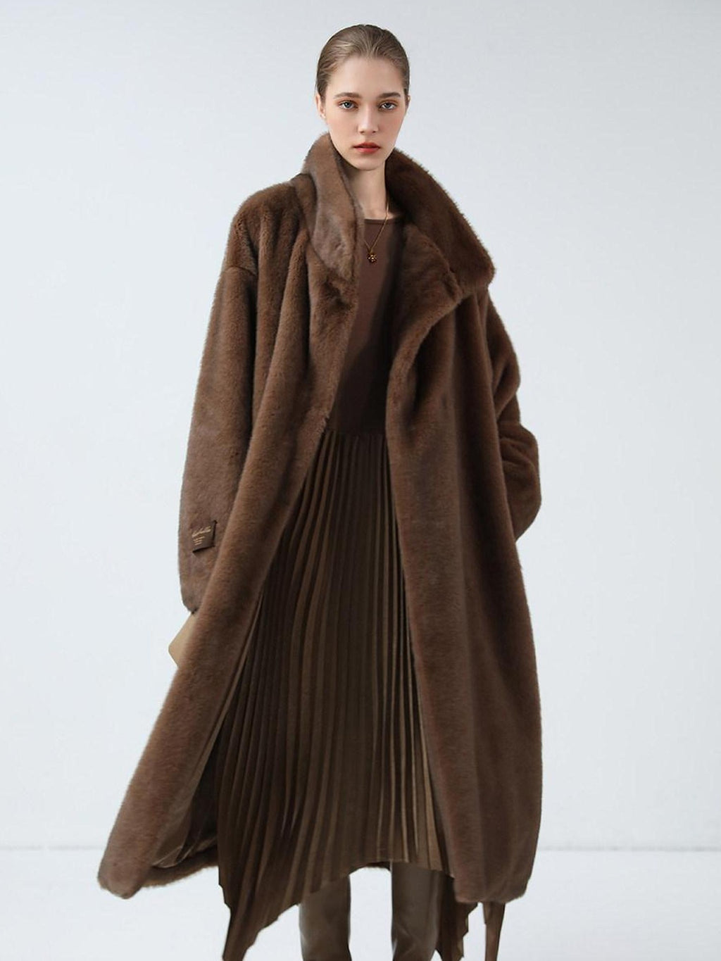 COCOBELLA Luxurious Faux Fur Longline Stand Collar Straight Women Vintage Coffee Coats