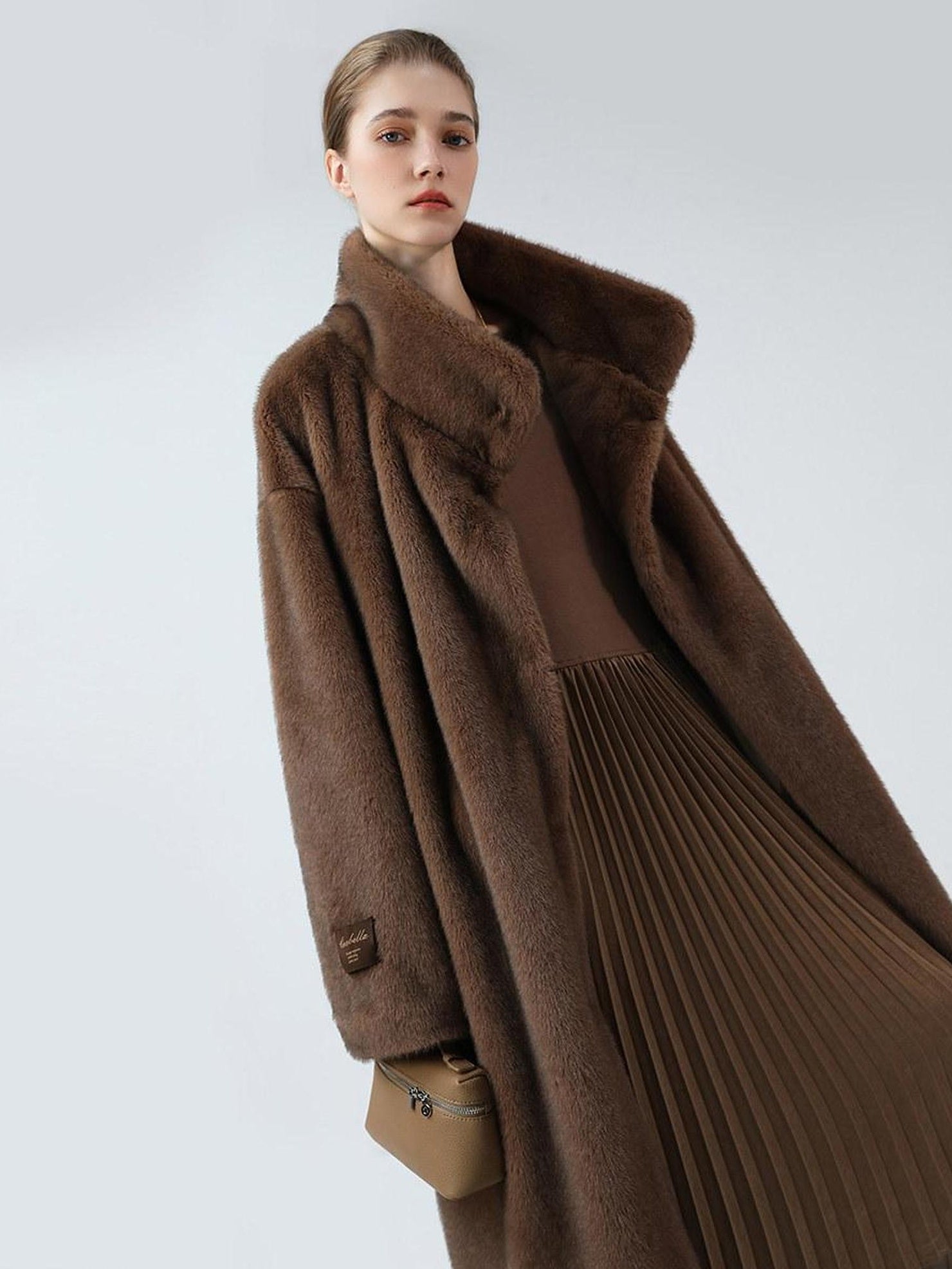 COCOBELLA Luxurious Faux Fur Longline Stand Collar Straight Women Vintage Coffee Coats