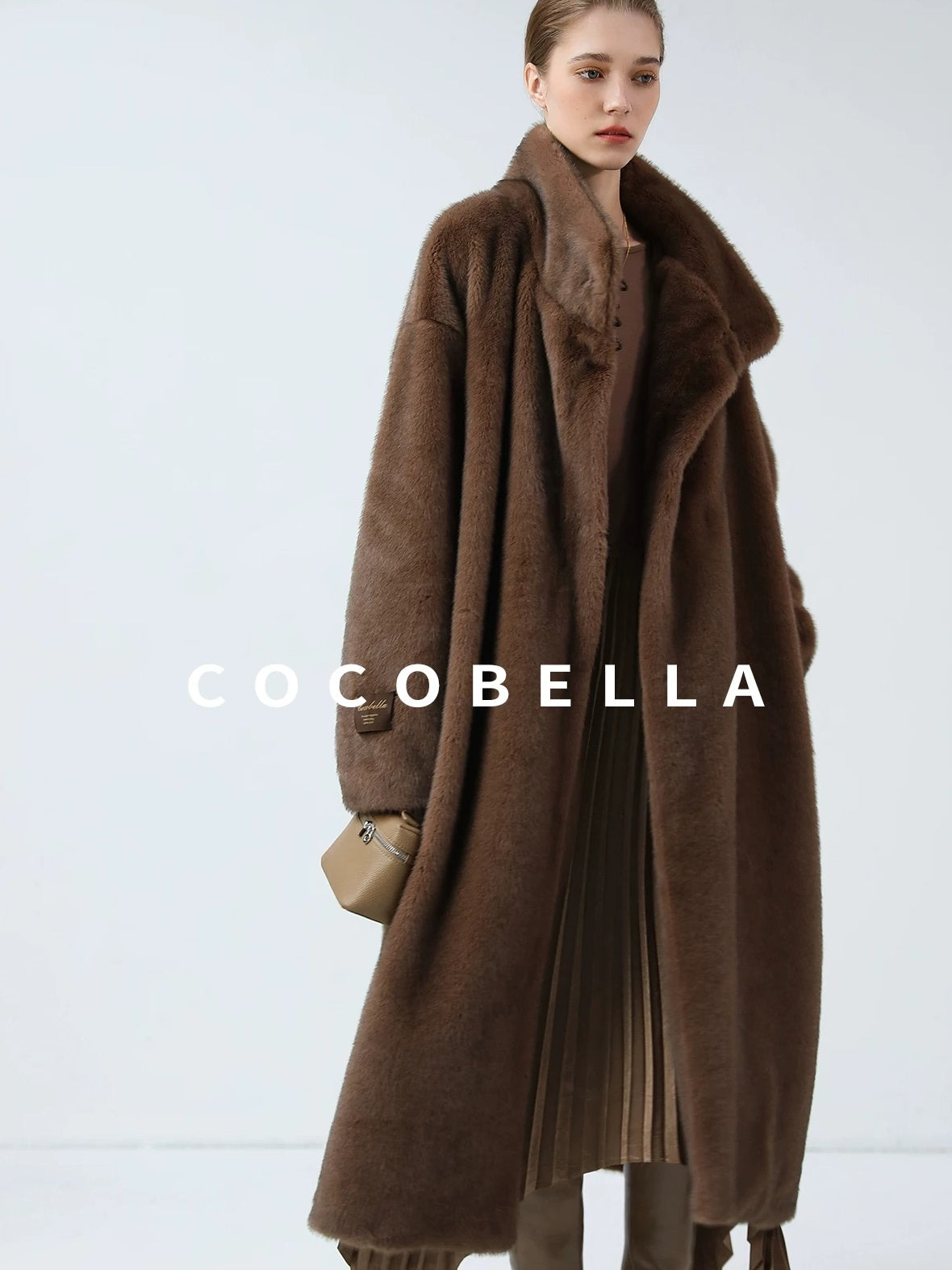 COCOBELLA Luxurious Faux Fur Longline Stand Collar Straight Women Vintage Coffee Coats