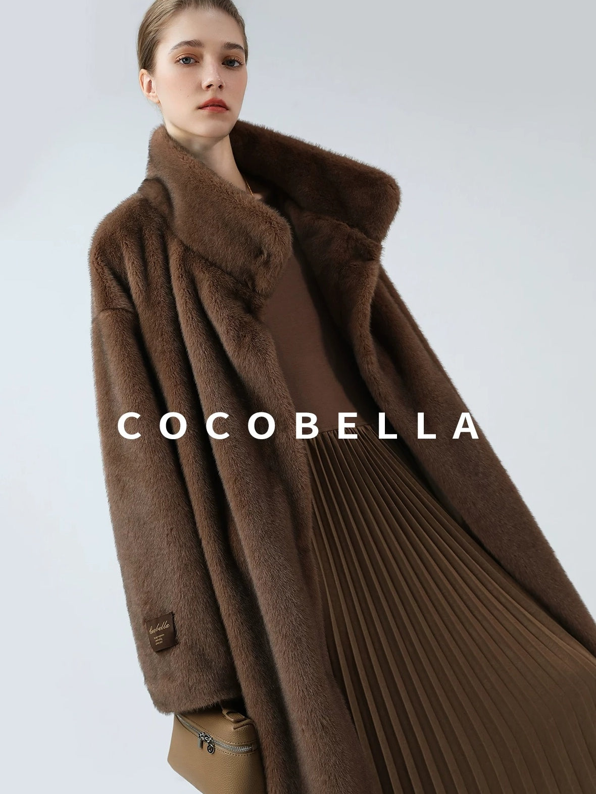 COCOBELLA Luxurious Faux Fur Longline Stand Collar Straight Women Vintage Coffee Coats