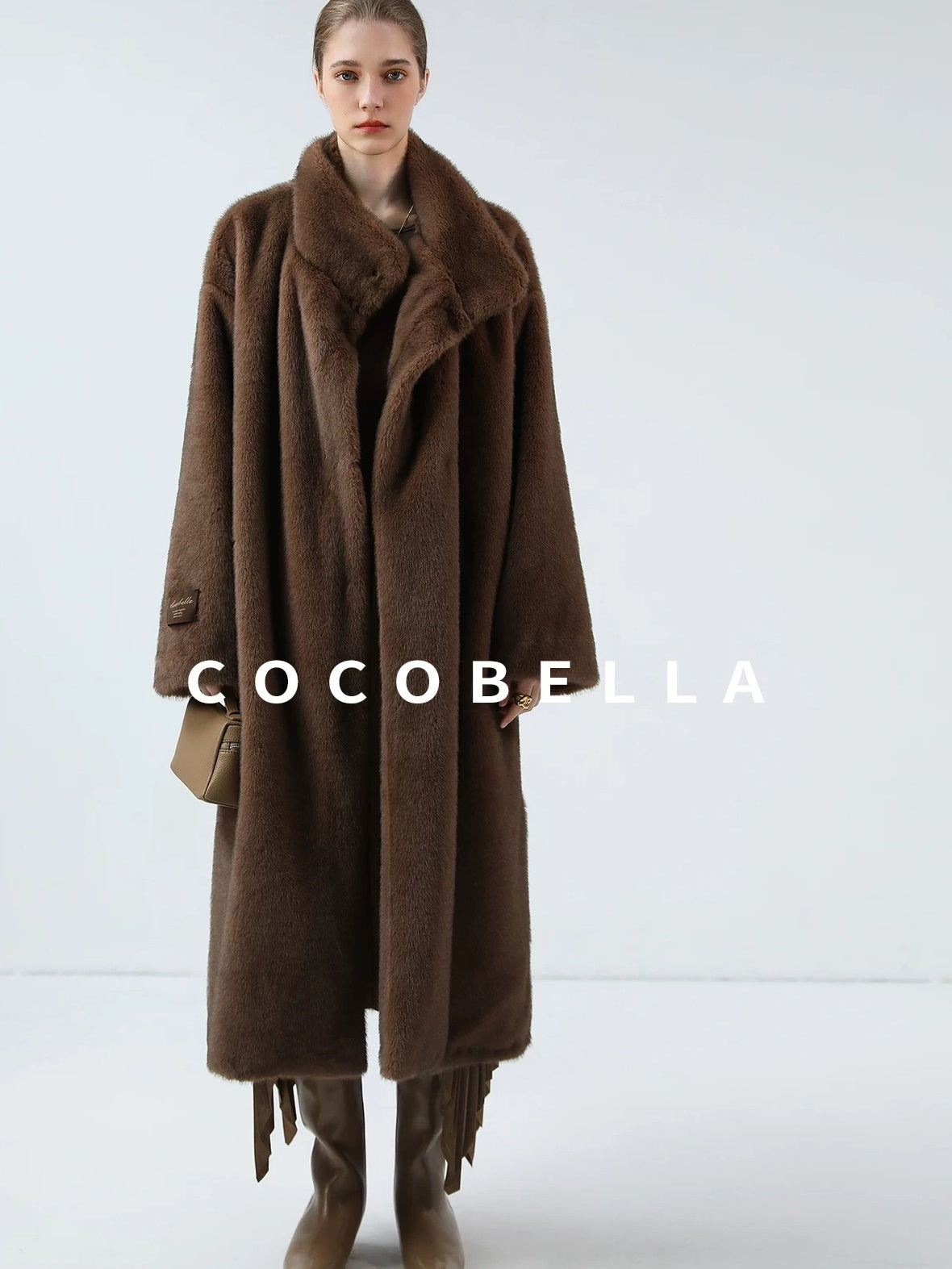 COCOBELLA Luxurious Faux Fur Longline Stand Collar Straight Women Vintage Coffee Coats
