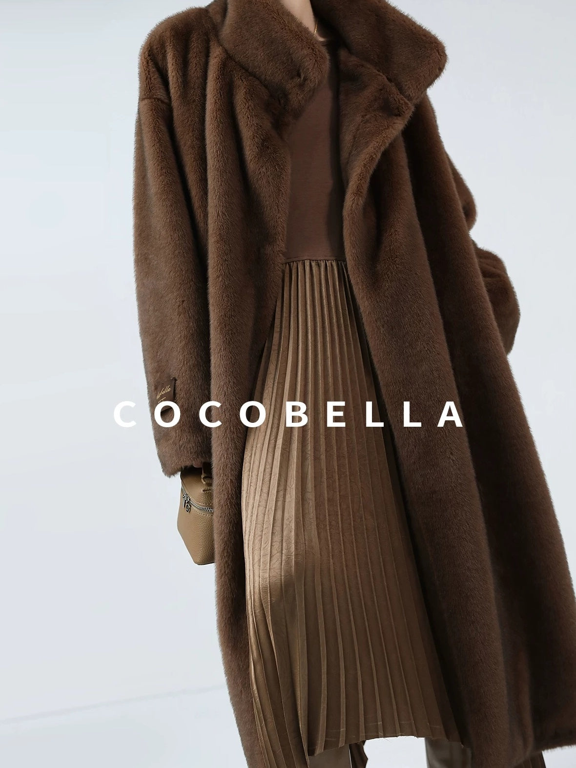 COCOBELLA Luxurious Faux Fur Longline Stand Collar Straight Women Vintage Coffee Coats