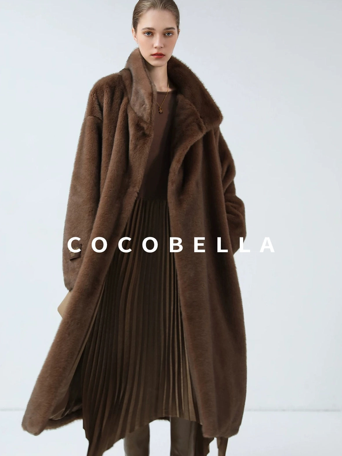 COCOBELLA Luxurious Faux Fur Longline Stand Collar Straight Women Vintage Coffee Coats