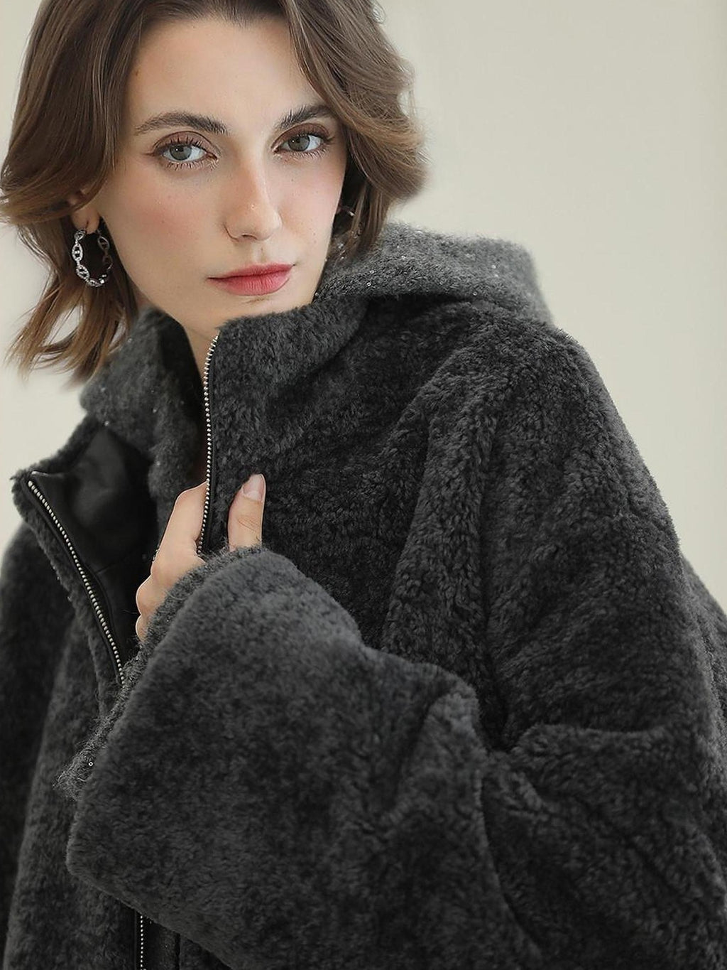 COCOBELLA Luxurious Faux Fur Loose Fit Stand Collar Zipper Women Office Outerwear Jackets