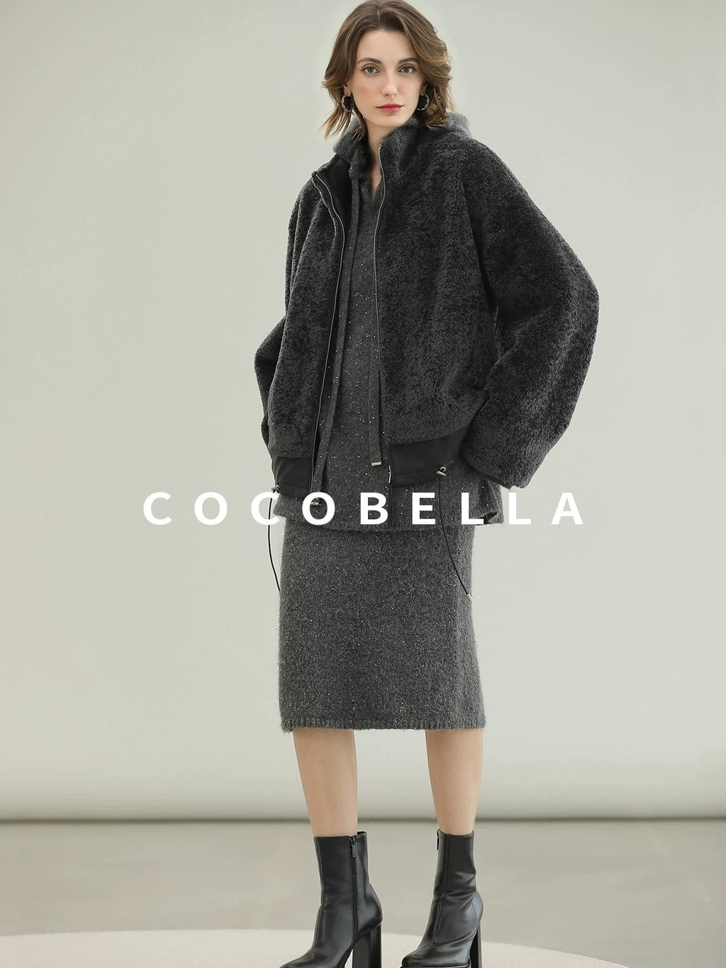 COCOBELLA Luxurious Faux Fur Loose Fit Stand Collar Zipper Women Office Outerwear Jackets