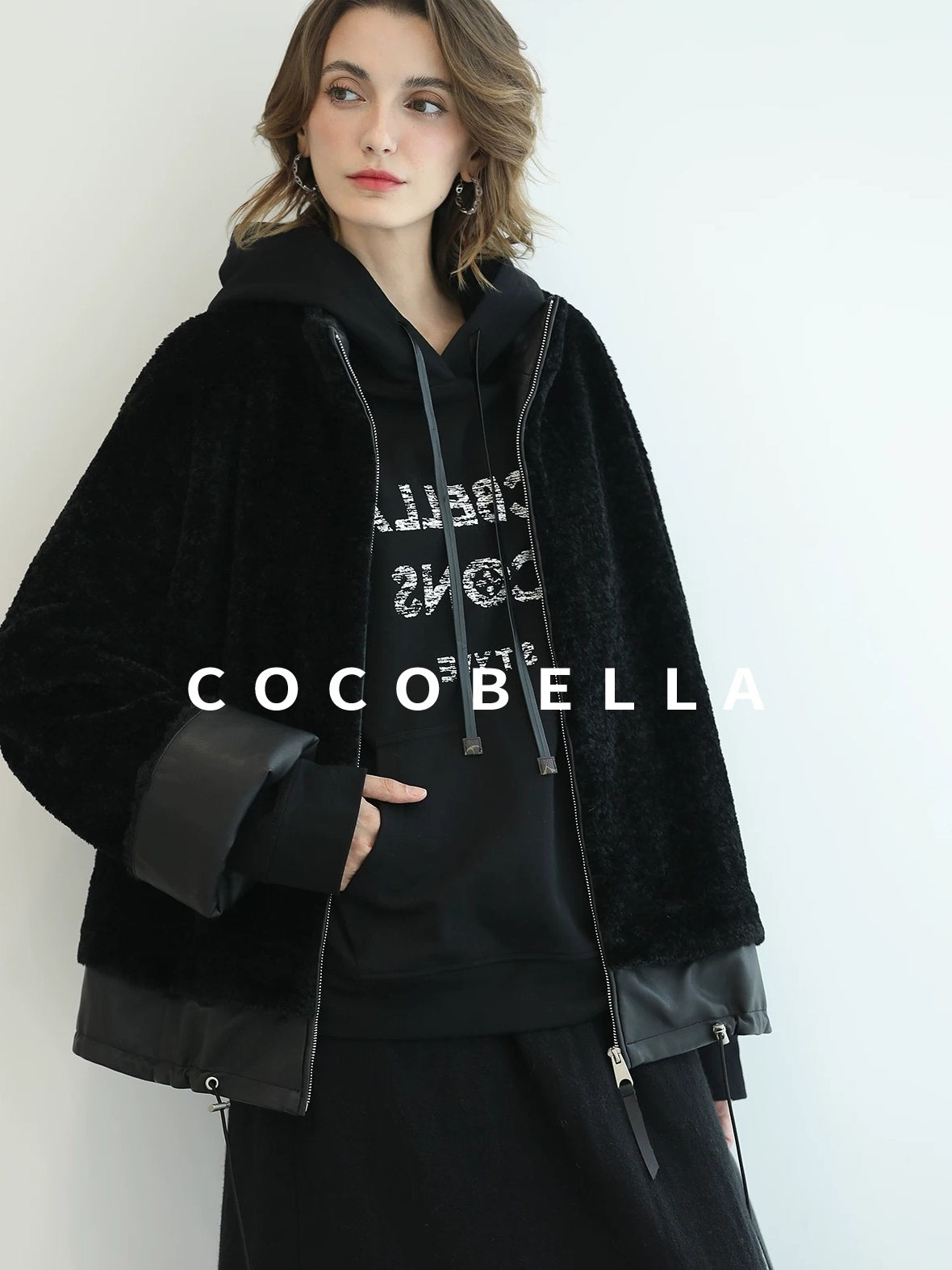 COCOBELLA Luxurious Faux Fur Loose Fit Stand Collar Zipper Women Office Outerwear Jackets