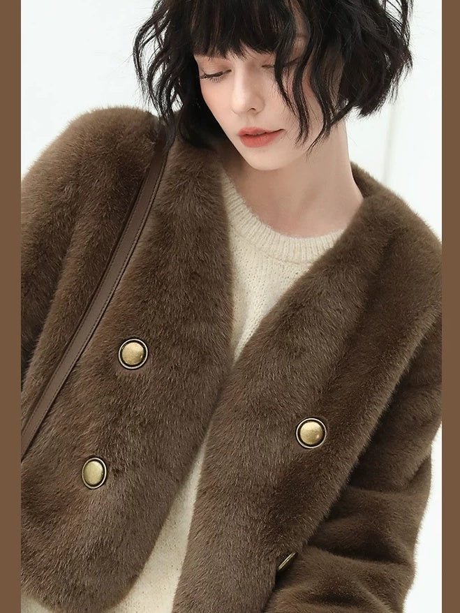 COCOBELLA Luxurious Faux Fur Short V Neck Ol Work Standard Fit Women Polyester Jackets