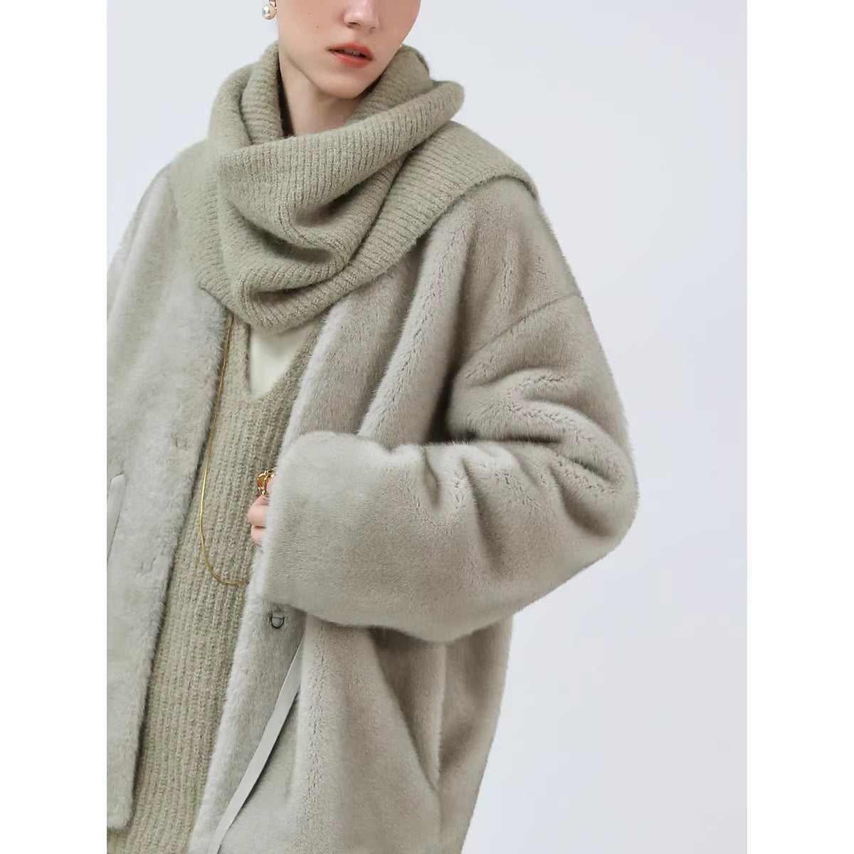 COCOBELLA_Luxurious_Faux_Fur_Straight_Fit_V_Neck_Women_Polyester_Pearl_Color_Jackets_MISSTT