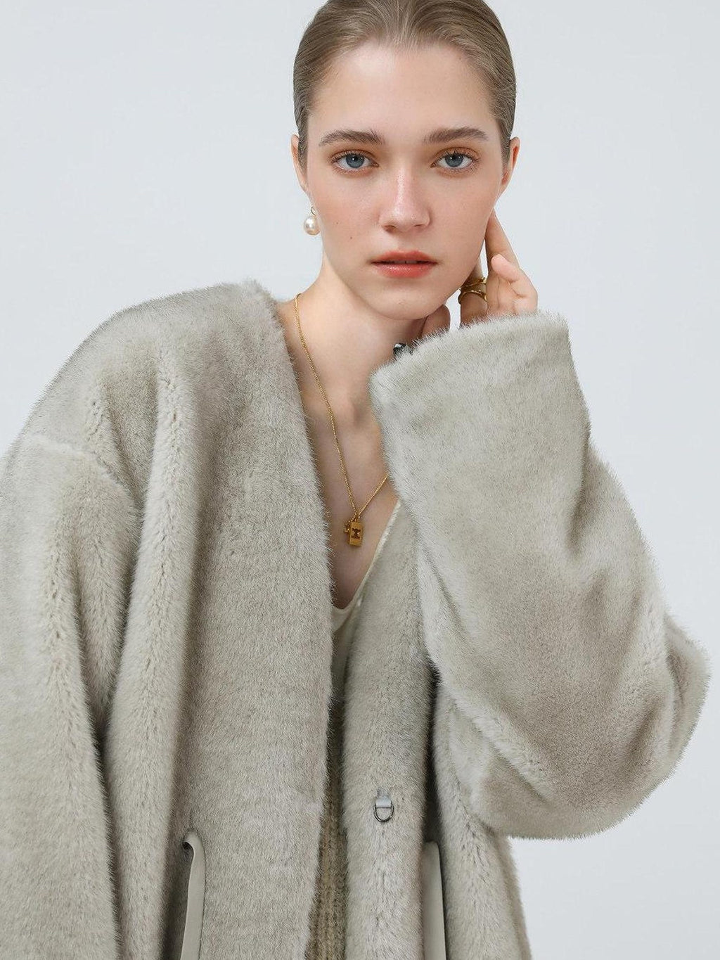 COCOBELLA Luxurious Faux Fur Straight Fit V Neck Women Polyester Pearl Color Jackets