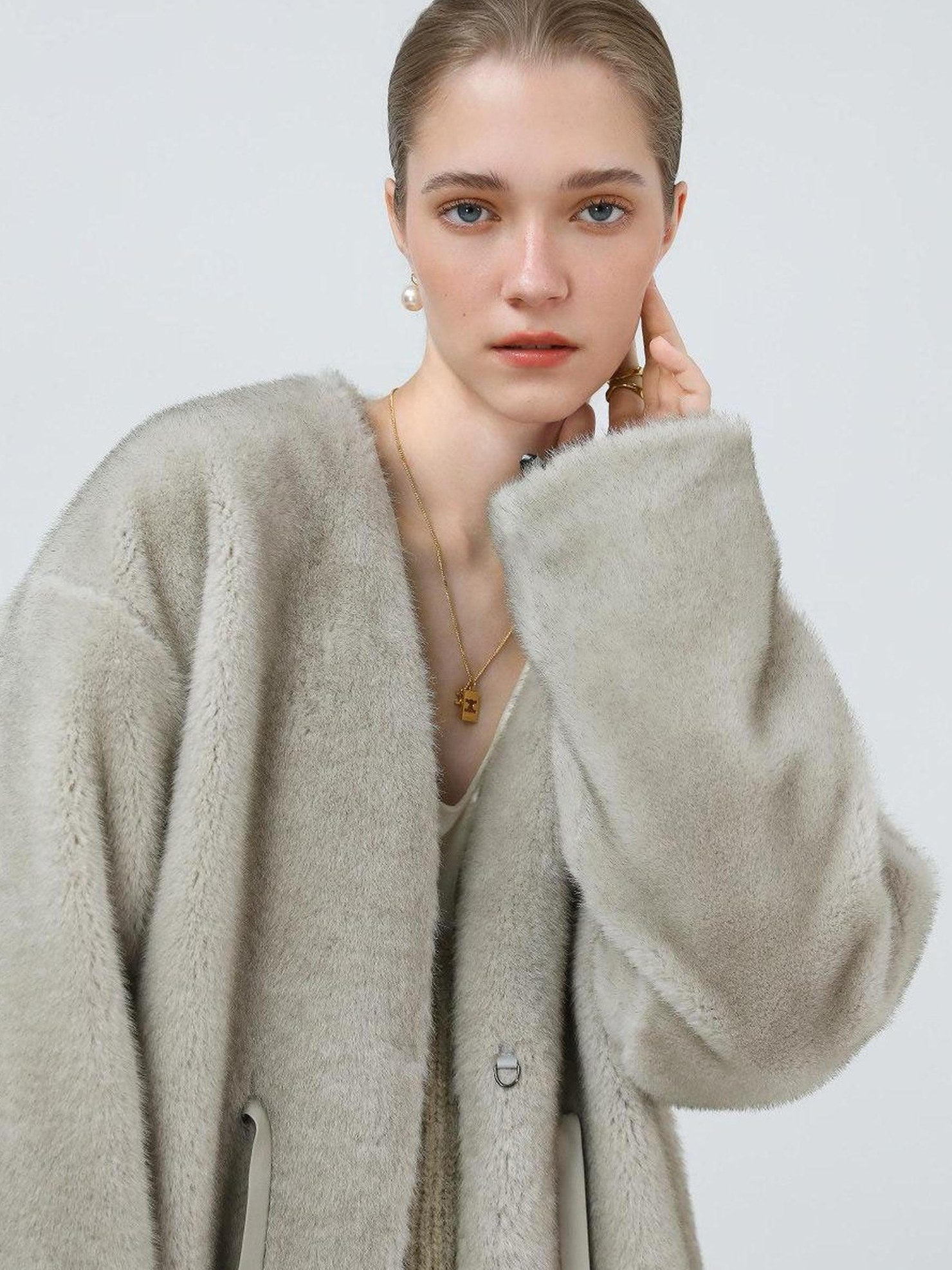 COCOBELLA Luxurious Faux Fur Straight Fit V Neck Women Polyester Pearl Color Jackets