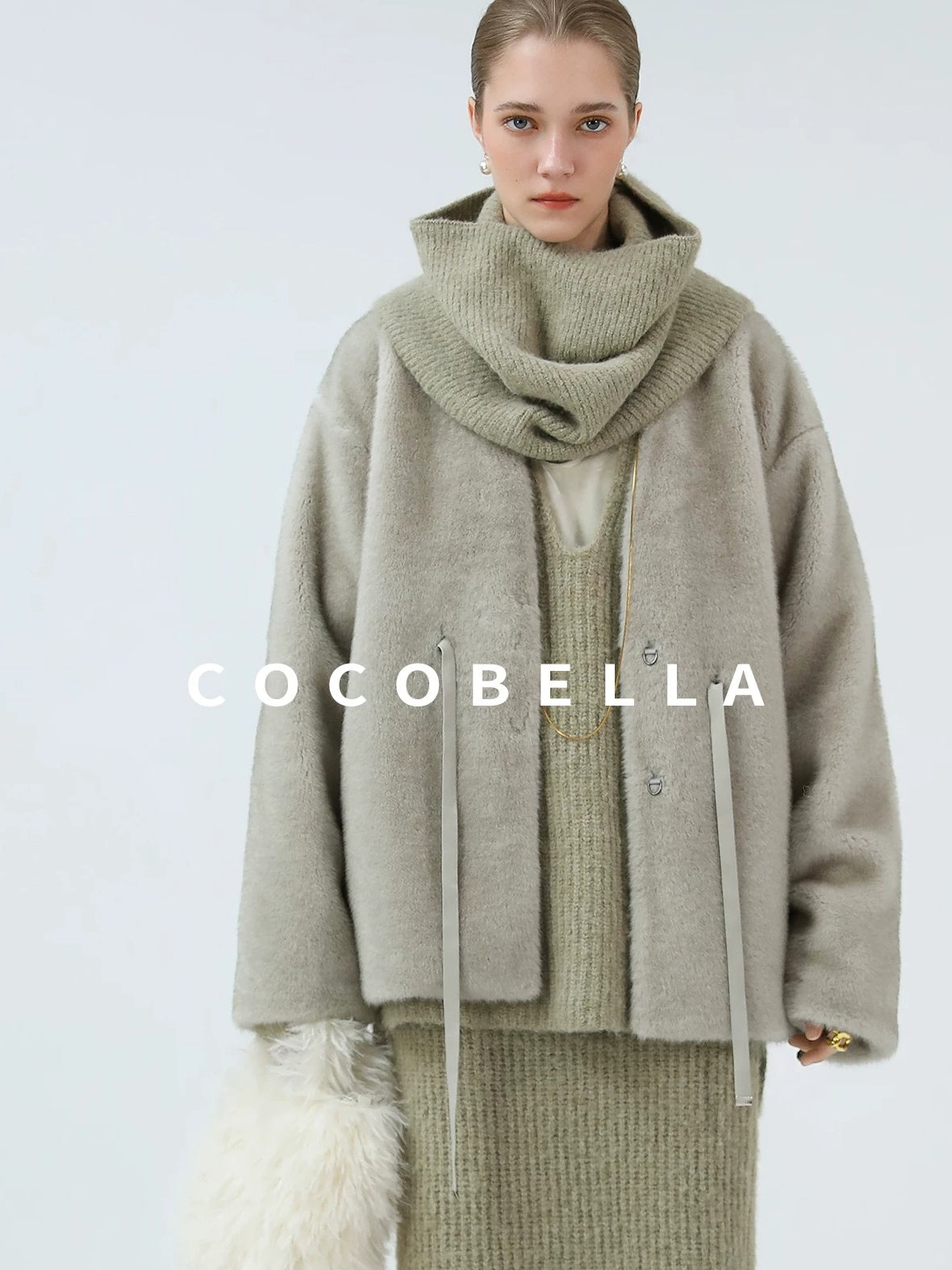 COCOBELLA Luxurious Faux Fur Straight Fit V Neck Women Polyester Pearl Color Jackets