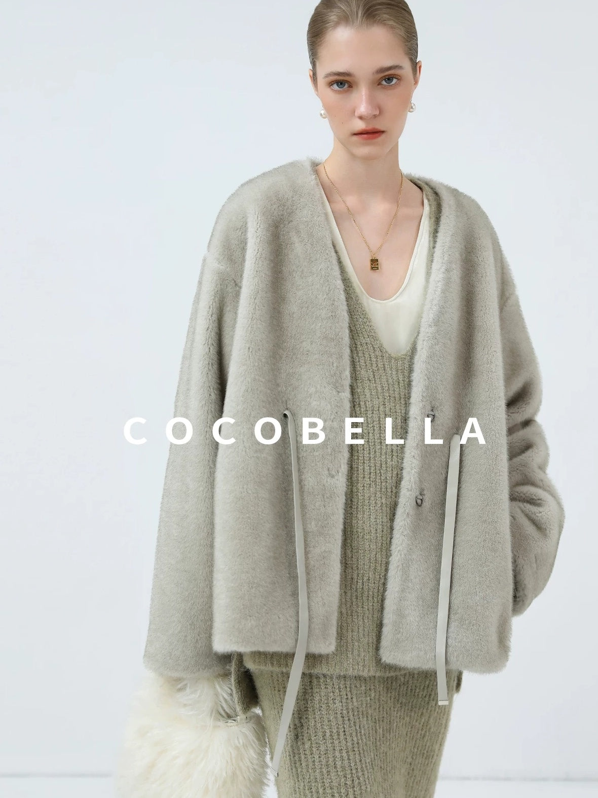 COCOBELLA Luxurious Faux Fur Straight Fit V Neck Women Polyester Pearl Color Jackets
