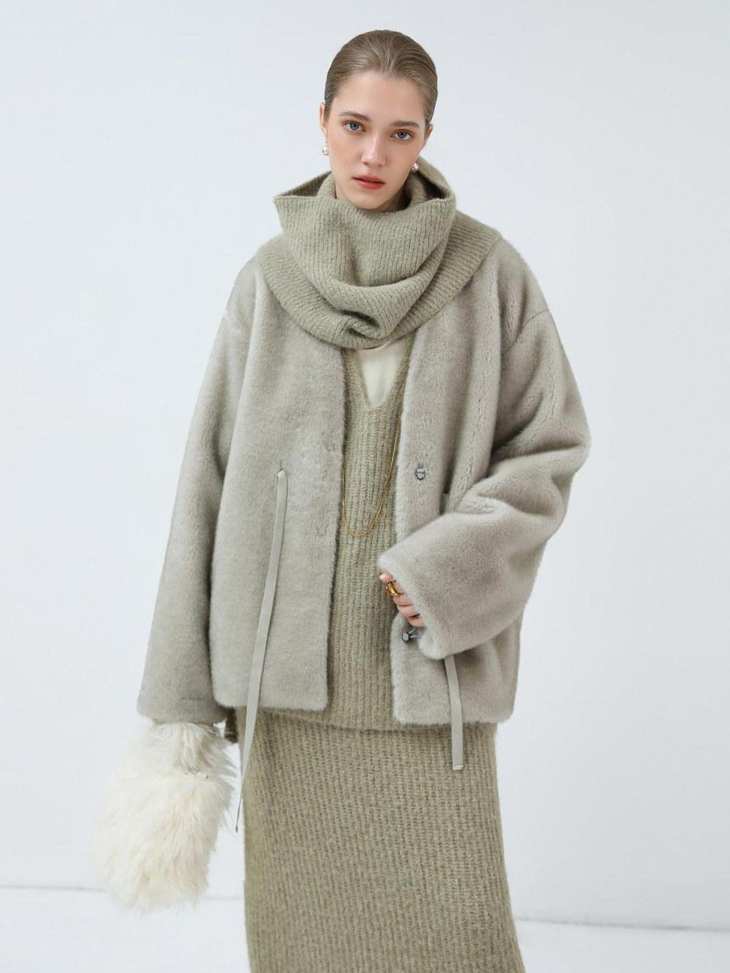 COCOBELLA Luxurious Faux Fur Straight Fit V Neck Women Polyester Pearl Color Jackets