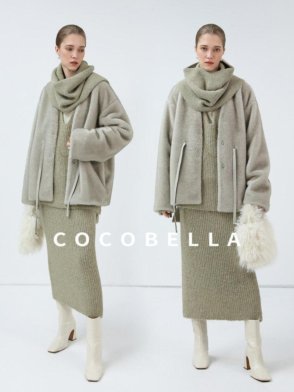 COCOBELLA Luxurious Faux Fur Straight Fit V Neck Women Polyester Pearl Color Jackets