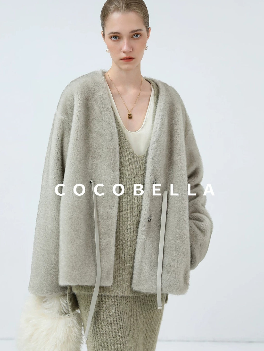 COCOBELLA Luxurious Faux Fur Straight Fit V Neck Women Polyester Pearl Color Jackets