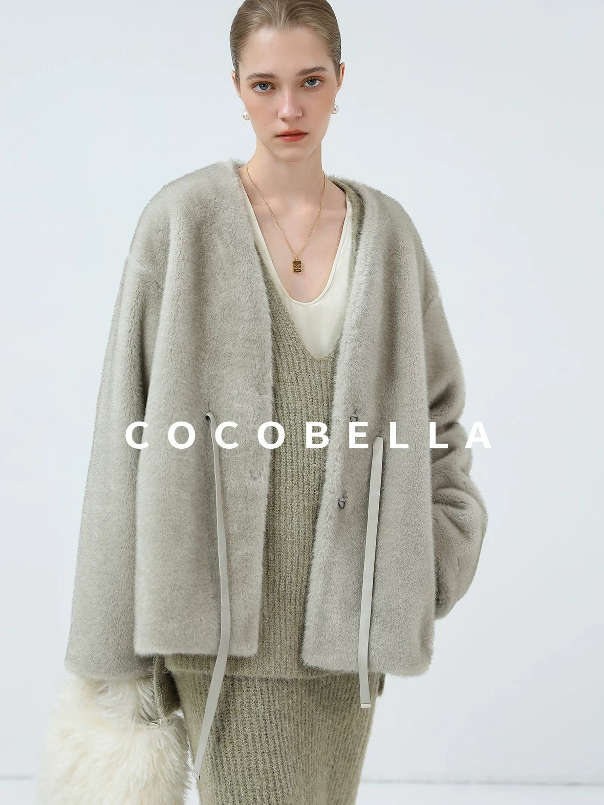 COCOBELLA Luxurious Faux Fur Straight Fit V Neck Women Polyester Pearl Color Jackets