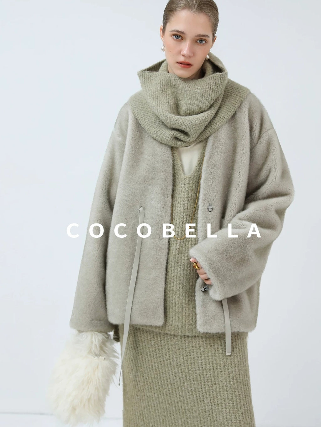 COCOBELLA Luxurious Faux Fur Straight Fit V Neck Women Polyester Pearl Color Jackets