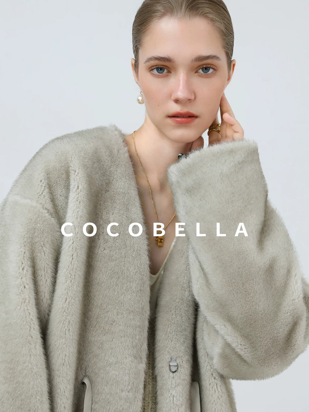 COCOBELLA Luxurious Faux Fur Straight Fit V Neck Women Polyester Pearl Color Jackets