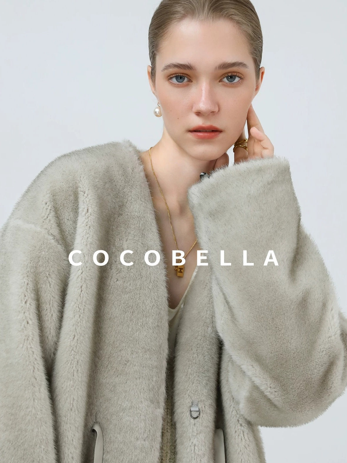 COCOBELLA Luxurious Faux Fur Straight Fit V Neck Women Polyester Pearl Color Jackets