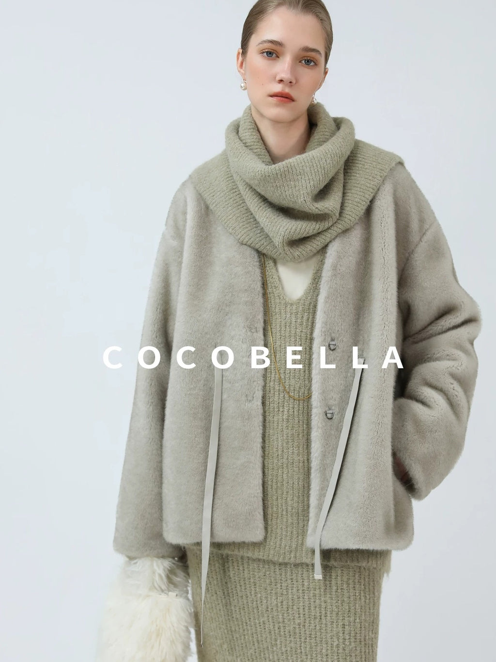 COCOBELLA Luxurious Faux Fur Straight Fit V Neck Women Polyester Pearl Color Jackets