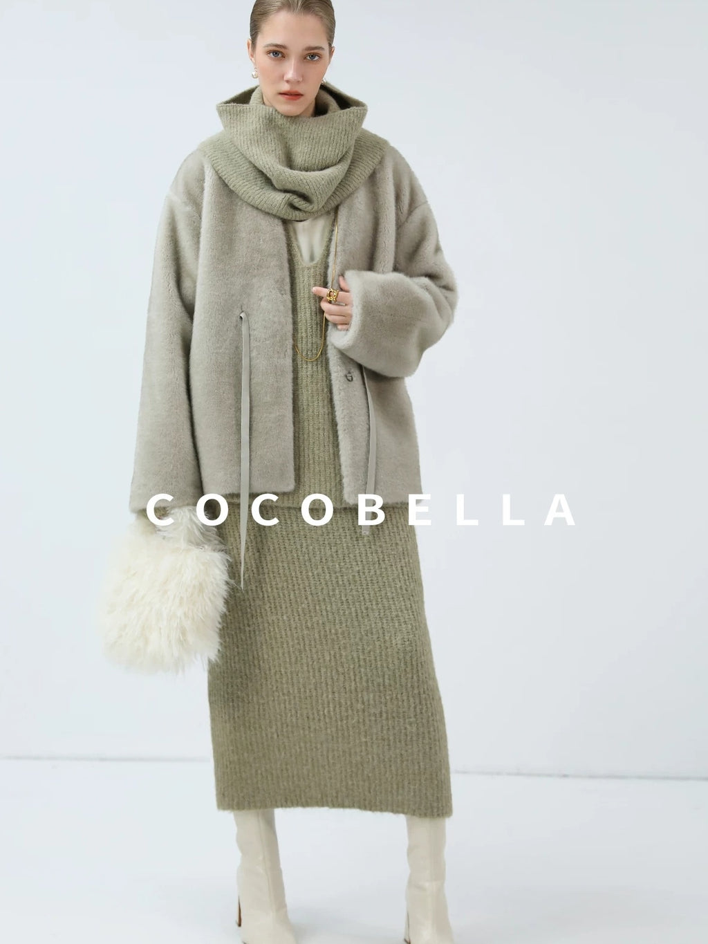 COCOBELLA Luxurious Faux Fur Straight Fit V Neck Women Polyester Pearl Color Jackets