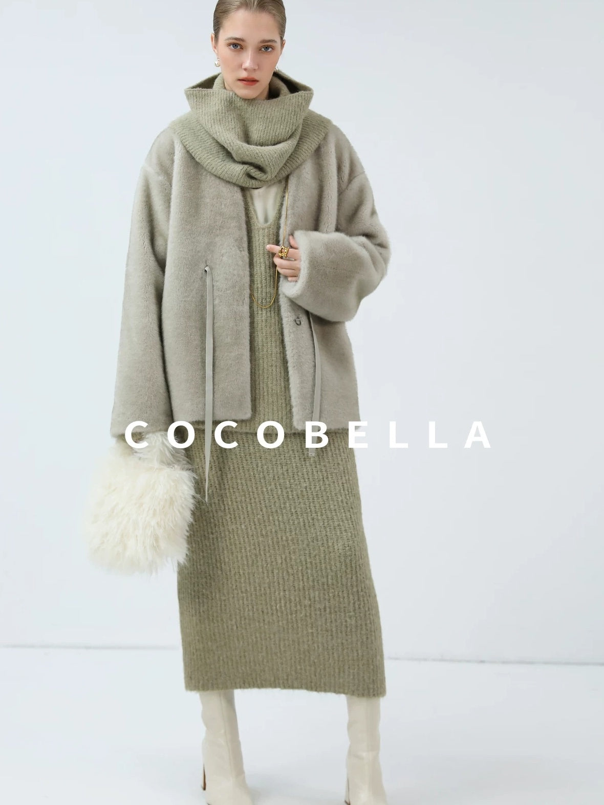 COCOBELLA Luxurious Faux Fur Straight Fit V Neck Women Polyester Pearl Color Jackets